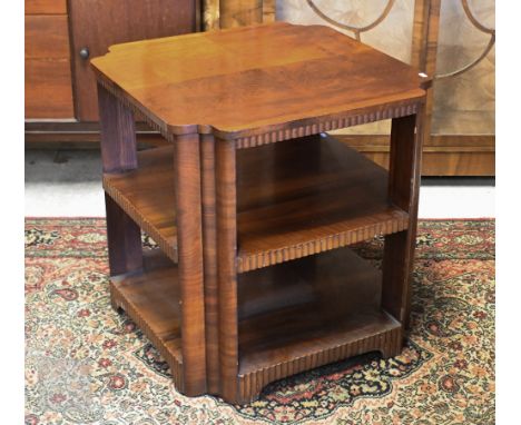 An Art Deco style walnut quarter veneered three tier lamp table, 60 x 60 x 63 cm high