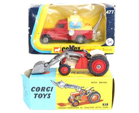 Corgi: A boxed Corgi Toys Massey-Ferguson 65 Tractor with Fork, 57; together with a boxed Corgi Land Rover Breakdown Truck, b