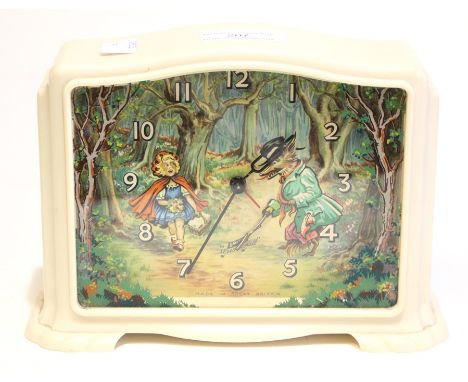 Smiths: A Smiths Bakelite, cased, Little Red Riding Hood Musical alarm clock, 'Who's Afraid of the Big Bad Wolf?', height app
