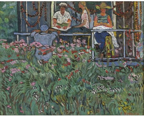 Kovali, Kim Petrovich -- Marktszene in UssurijskÖl auf Holz. Wohl 1974.63 x 77,5 cm.Unten rechts mit Pinsel in Rot kyrillisch