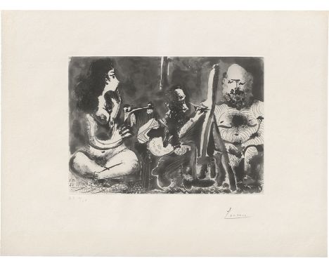 Picasso, Pablo -- Peintre au Travail avec Modèle barbu et une Spectatrice en TailleurRadierung und Aquatinta auf Au Vent d'Ar