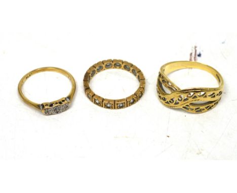 Two 9ct yellow gold dress rings and a 9ct gold and platinum dress ring, approx combined 5.9g (3).