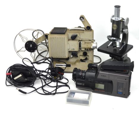 A cased C Baker of London microscope, a vintage Eumig P8 Phonomatic cinecamera and a cased Fergusson Videostar camcorder (3).
