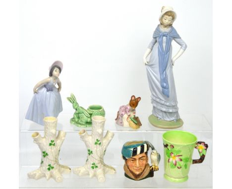 A small quantity of ceramics to include a pair of shaped Belleek vases (1891-1926), a boxed Lladró figure of a young girl, a 