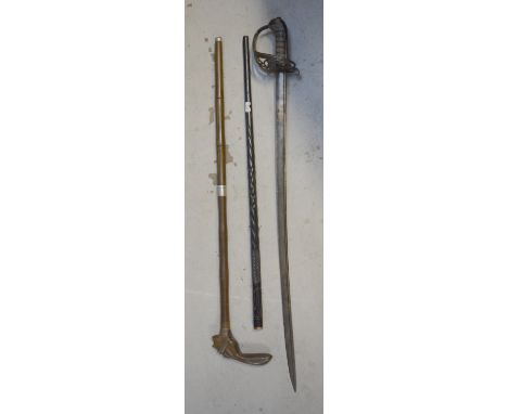 An 1827 pattern Rifles Officer's sword with pierced knuckle guard, shagreen grip with copper wire and steel blade (af), an eb