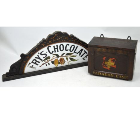 A wooden 'Fry's Chocolate Cream' advertising sign from an original vending machine, plaque verso reads R Palmer Maker Jubilee