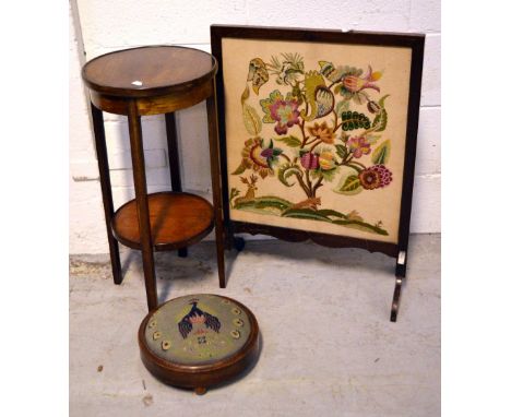 A Victorian mahogany footstool with tapestry top depicting a cockerel, a small round mahogany side table on tapering legs, a 