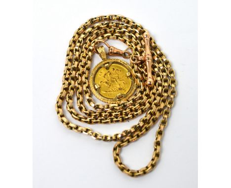 A Victorian full sovereign, 1901 in a 9ct gold mount, suspended on yellow metal box link chain.