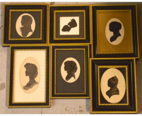 ELIZABETH WHELAN; a silhouette portrait painting, young boy in a cap, signed lower-right, 7 x 7cm and five further examples, 