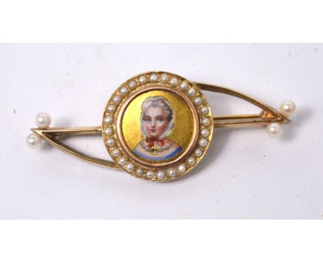 A late 19th century yellow metal bar brooch, the central panel set with split pearls and enamelled portrait, approx 8.3g.