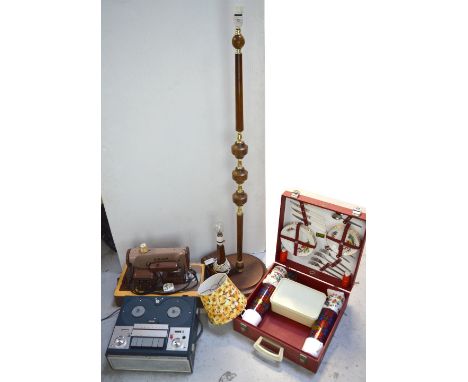 A Fergusson reel-to-reel player, a vintage cased picnic set, a cased tabletop Singer sewing machine, a standard lamp and a sm