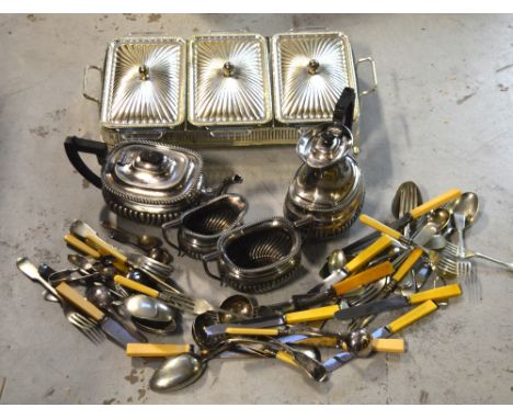 A quantity of silver plated items to include a four-piece tea service, flatware etc.