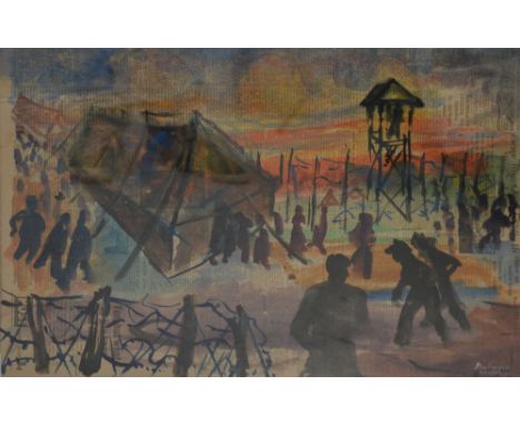 In the manner of HUGO DACHINGER; mixed media on newspaper study depicting sunset at Huyton Prisoner of War Camp, signed 'Dach