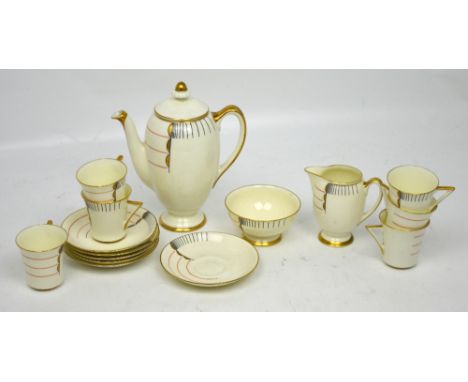 A Royal Doulton 'Magna' pattern V1675 coffee service comprising six cups and saucers, coffee pot, milk jug and sugar basin.  