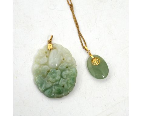 A 14ct yellow gold-mounted jade pendant and a 9ct yellow gold necklace with jade pendant (2).