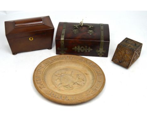 A collectors' lot comprising Russian wooden bread plate, diameter 27cm, a 19th century mahogany tea caddy raised on bun feet,