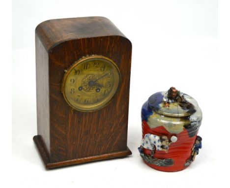 An oak cased eight-day mantel clock, the gilt dial set with Arabic numerals and inscribed 'Russells, 18 Church Street Liverpo