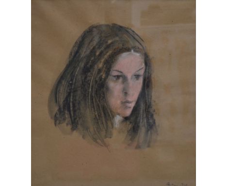 HAROLD RILEY (British, b1934-); oil and watercolour portrait of Gillian Marks, signed and dated lower-right 1974, 39 x 33cm, 