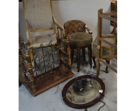 A pale wood rocking chair, two stools to include a mahogany framed upholstered example on turned legs, a small chair, a wine 