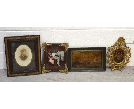 UNATTRIBUTED; a crystoleum of an Edwardian lady, in ornate gilded frame and a boating scene, a hand tinted card, two children