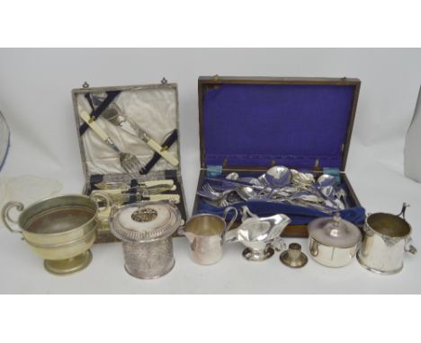 A quantity of silver plated items to include flatware, a twin-handled trophy bowl etc.