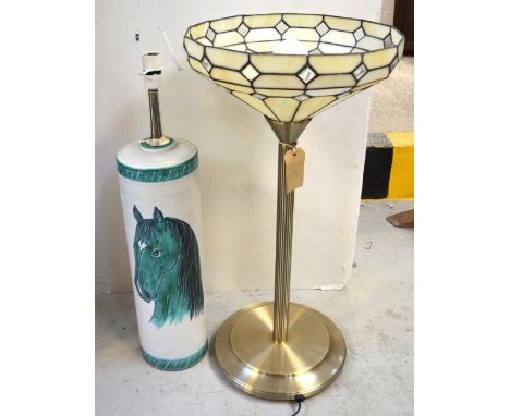 A modern table lamp with Tiffany style shade, height 70cm and an art pottery table lamp decorated with an image of a horse, h