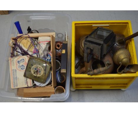 A collectors' lot comprising metalware to include kettles and a lamp, decorative ceramics, chemist's bottles etc.