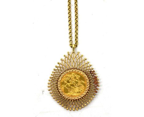 A George V full sovereign 1912, in pierced yellow metal frame on 9ct yellow gold chain approx 20.4g.