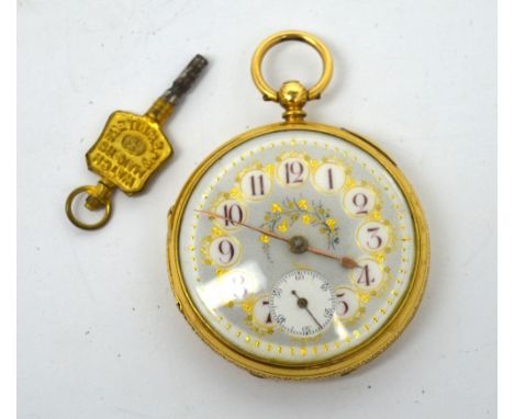 An 18ct yellow gold open face pocket watch, the enamel dial set with Arabic numerals, subsidiary seconds hand and gilt decora