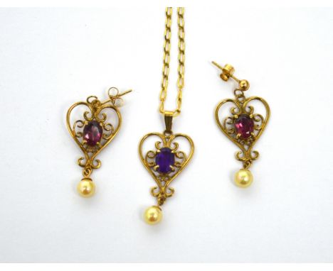 A 9ct gold heart-shaped pendant set with amethyst-coloured stone and a pair of matching earrings, approx combined 6g (3).