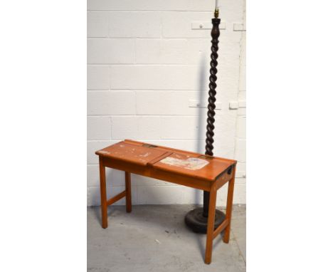 A Kingfisher Ltd of West Bromwich twin school desk, width 92cm and a turned oak standard lamp (2).