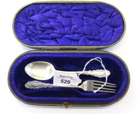 A cased silver spoon and fork christening set, Birmingham 1900