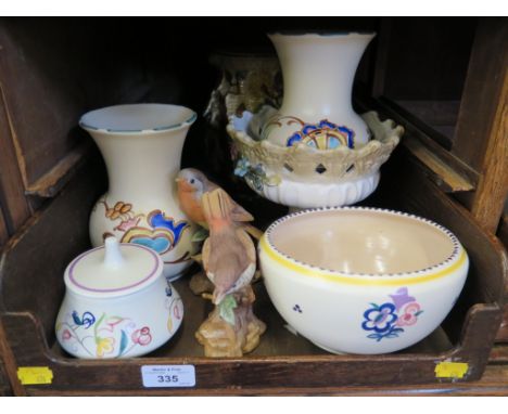 A Poole lidded pot 10cm diameter, a Poole bowl and various other vases, mugs and ceramic ornaments