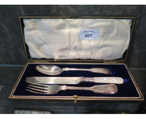 A child's cased silver plate knife, fork and spoon