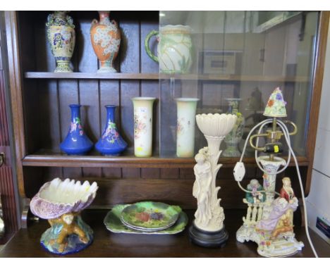 A Majolica style dish in the form of a clam shell held by two monkeys 29cm wide, a pair of Wilton Ware vases, other vases, a 