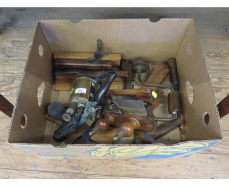 A 19th century brass mounted adjustable woodplane, stamped Manchester and three carpenters names, and various other woodplane