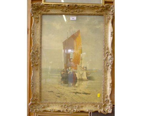 After E. Deve Beached Sailing Boat Lithograph In a French style giltwood frame 56cm x 40cm