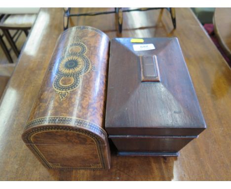A Victorian faux walnut domed tea caddy with printed decoration 22cm wide, and a sarcophagus form tea caddy 20cm wide (2)