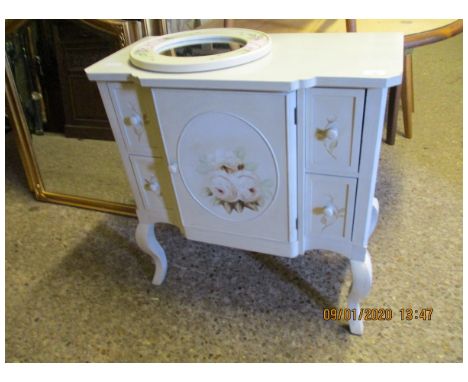 PAINTED SIDEBOARD CENTRALLY FITTED WITH CUPBOARD DOOR, FLANKED EITHER SIDE BY TWO DRAWERS RAISED ON SHAPED LEGS AND A FURTHER