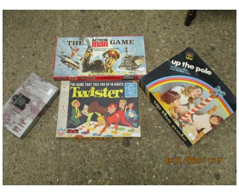 MIXED LOT OF CHILDREN'S GAMES TO INCLUDE TWISTER, ACTION MAN, UP TO THE POLE ETC  