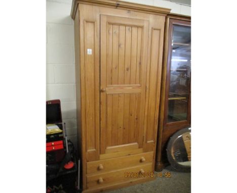 WAXED PINE SINGLE DOOR WARDROBE WITH TWO FULL WIDTH DRAWERS TO BASE  