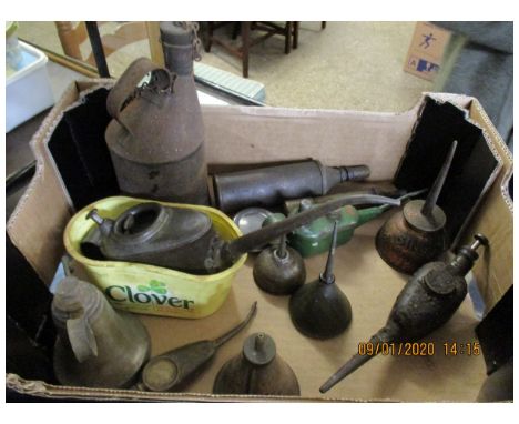 BOX CONTAINING VINTAGE OIL CANS ETC  