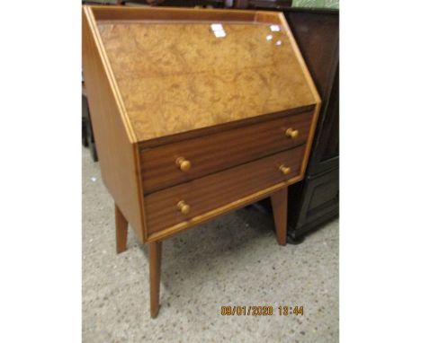 TEAK FRAMED WALNUT DROP FRONTED BUREAU WITH TWO DRAWERS ON SPLAYED LEGS  