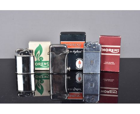 Three Thorens petrol pocket lighters, comprising an Oriflam Sport lighter, in polished chrome finish in original cardboard bo