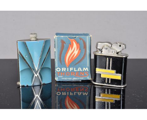 Two Thorens petrol pocket lighters, comprising a Matchlite Stricker lighter, larg size, with two tone blue Art Deco design, p