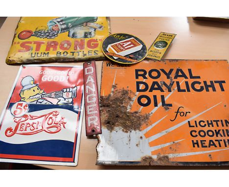 An assortment of enamel and metal advertising signs, to include Pepsi Cola, A1 lights, Royal Daylight Oil and more, AF (parce