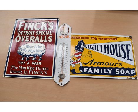 Three modern advertising items, one for Finck's 'Detroit Special' Overalls, Lighthouse Armour's Family Soap and a Cafes Alex 