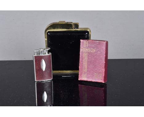 Two petrol lighters, including an early USA Ronson De-Lite Junior Sport, c1928, the early model marked AMW (Art Metal Works),