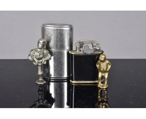 A WWII period Thorens Maco (unmarked) pocket lighter, together with a Colibri Kickstart in black lacquer, c1930s, Patent 3213