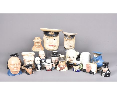 An assortment of Winston Churchill items, including Character Jugs, salts, busts and more, plus a ceramic lidded pot and four